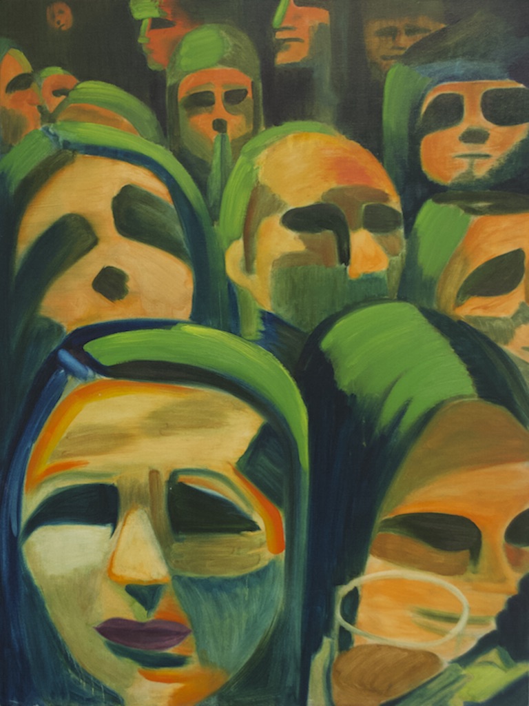 A close up of a painting of a group of people, rendered in a loose, expressionist style. The figures are simplistic, with blackened out eye sockets. The highlights of the skin is rendered in orange and blue tones, and the hair is rendered in dark blue with neon green highlights. 